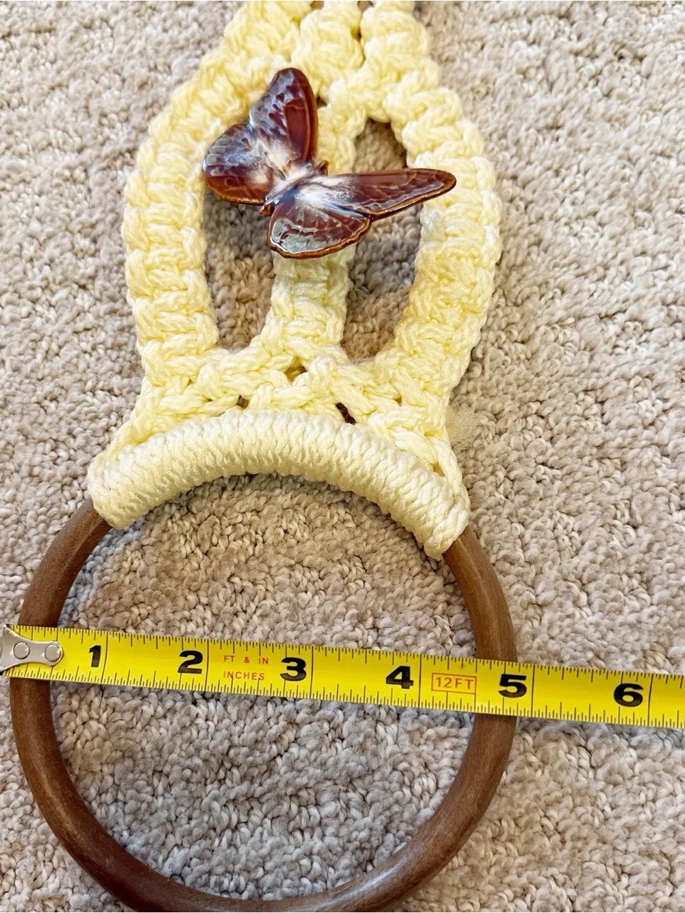 1970s Macrame Towel Holder Brown Ceramic Butterfly Handmade Hanging Boho Vintage